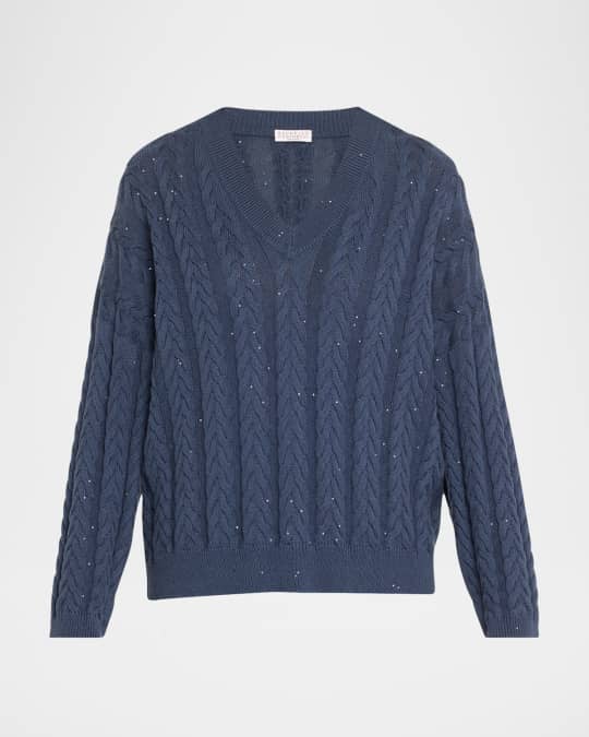 Cotton Double Cable-Knit V-Neck Sweater With Micro Pailettes