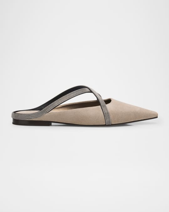Brunello Cucinelli Monili Crisscross Suede Mule Flats