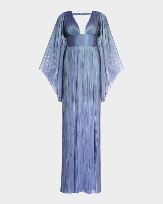 Maria Lucia Hohan Reo Harlow Long-Sleeve Open-Back Metallic Plisse Gown |  Neiman Marcus