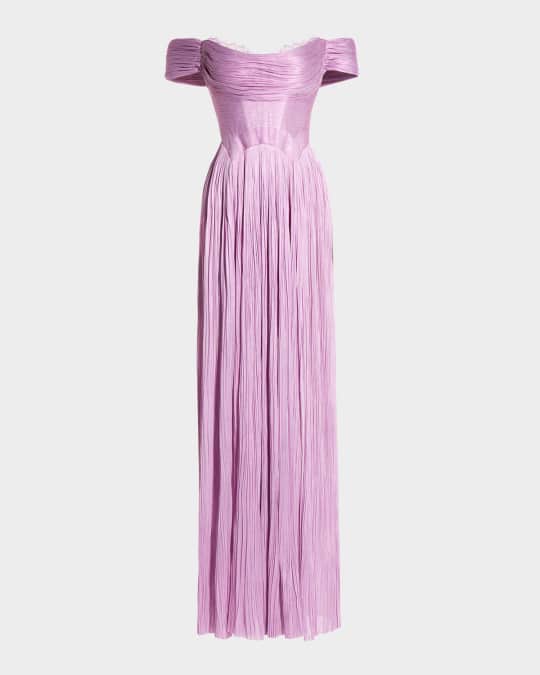 Sharon Off-The-Shoulder Metallic Plisse Gown