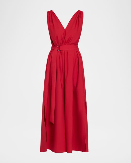 Brunello Cucinelli Monili-Shoulder Belted Crinkle Cotton Midi Dress |  Neiman Marcus