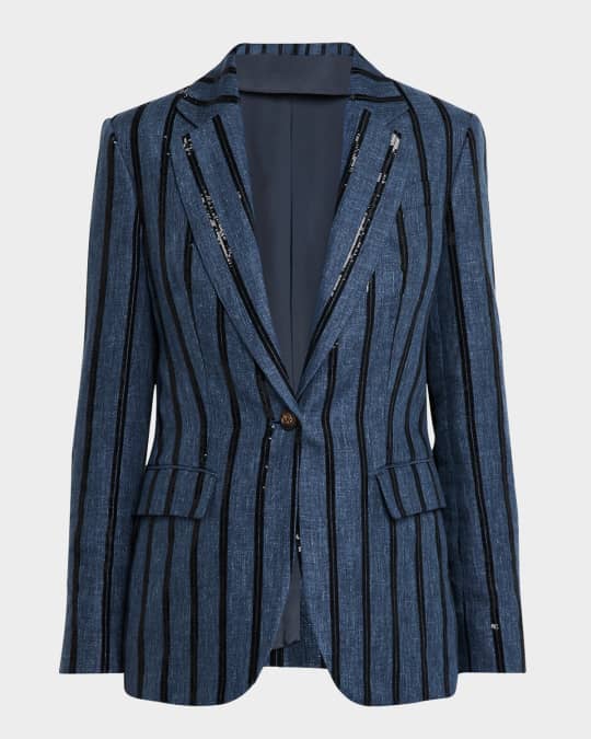 Paillette Striped Denim-Effect Linen Single-Breasted Blazer