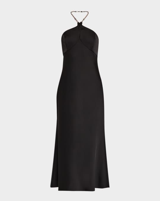 Liv Foster Quinn Rhinestone-Strap Satin Halter Midi Dress