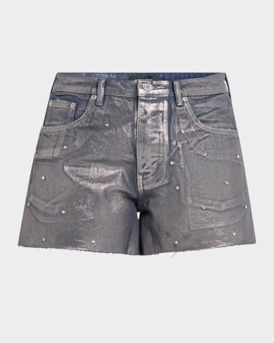 Foiled Denim Cut-Off Shorts with Rhinestones
