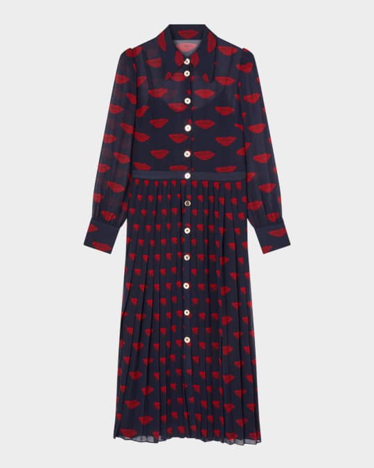 Tallis Pleated Lip-Print Midi Shirtdress