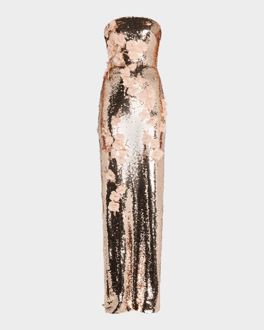 Monique Lhuillier Strapless Flower Embroidered Sequin Column Gown | Neiman  Marcus
