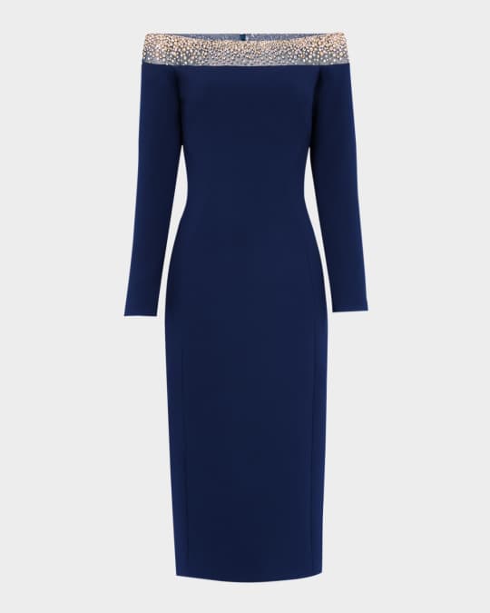 Calypso Embellished Off-The-Shoulder Crepe Midi Dress
