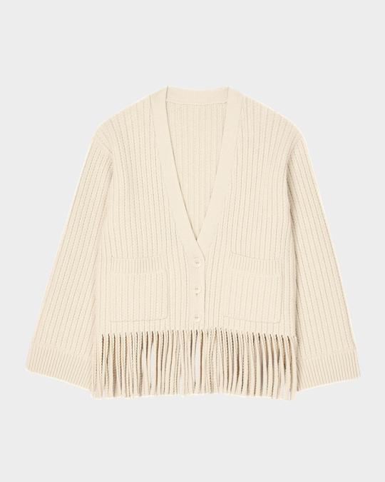 Sandro Zoe Textured Fringe-Trim Cardigan | Neiman Marcus