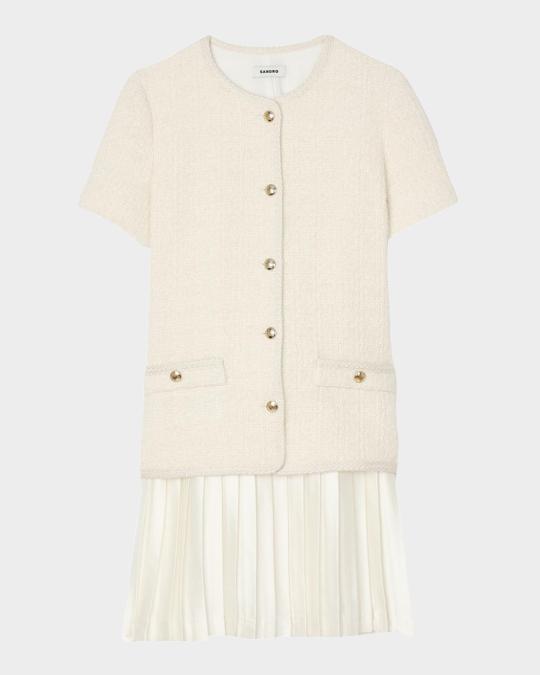 sandro pleated tweed dress Sandro Off White Tweed Pleated Skirt Isabel Mini Dress S Sandro