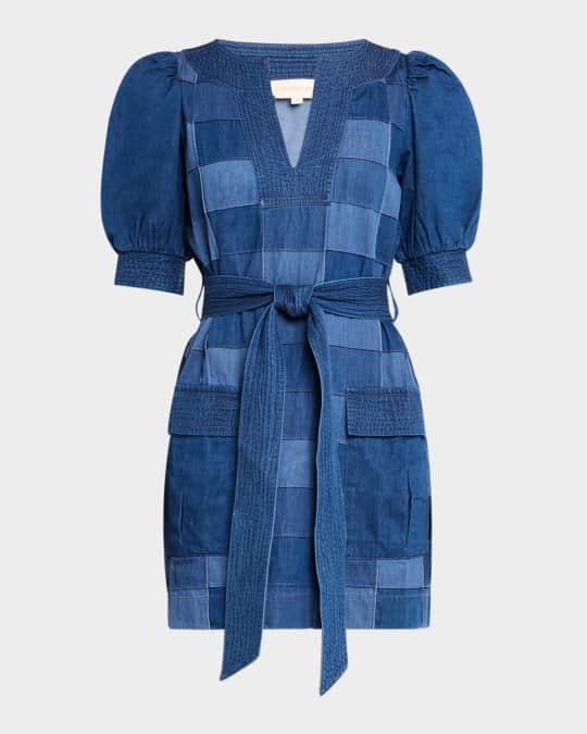 white christmas dresses Oddi Denim and Mixed Patchwork Print Overall Maxi Dress in Light Denim main image 1