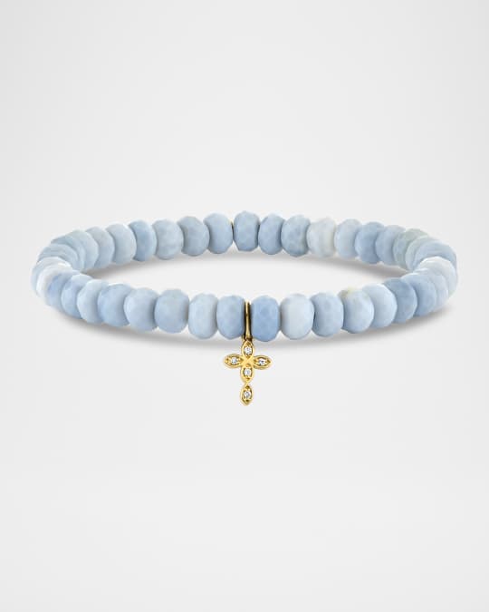 Small Marquise Eye Cross Charm Blue African Opal Bead Bracelet