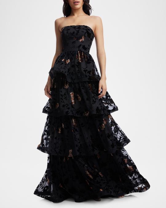 Dress the Population Black Label Willa Flocked Ruffle Tiered Gown ...