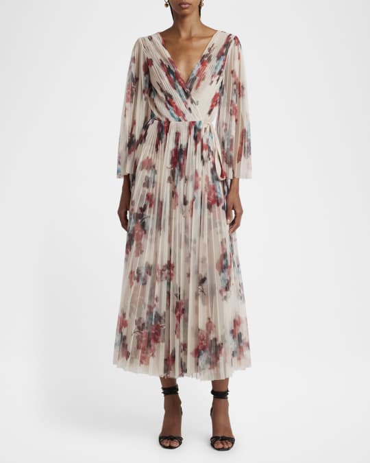 Blur Floral-Print Pleated Midi Wrap Dress