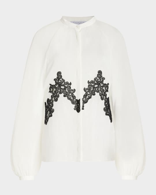 Yately Lace-Inset Silk Long-Sleeve Top