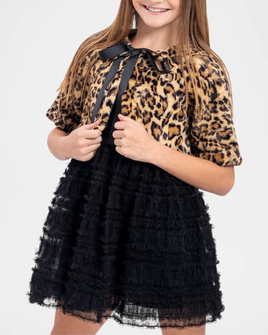 Girl's Grace Faux-Fur Leopard-Print Capelet, Size 7-16