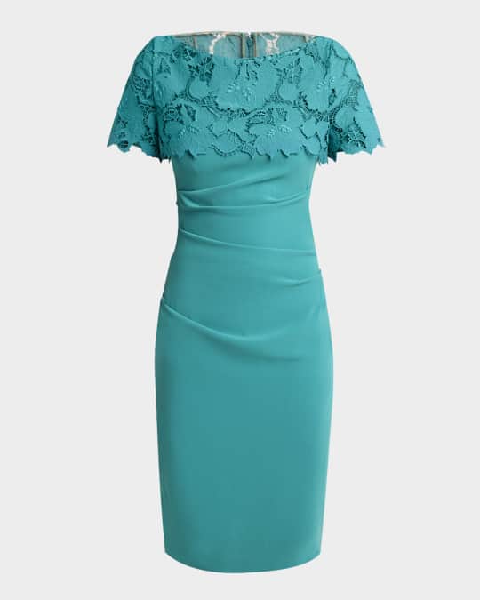 Talbot Runhof Guipure Lace Short-Sleeve Draped Dress | Neiman Marcus