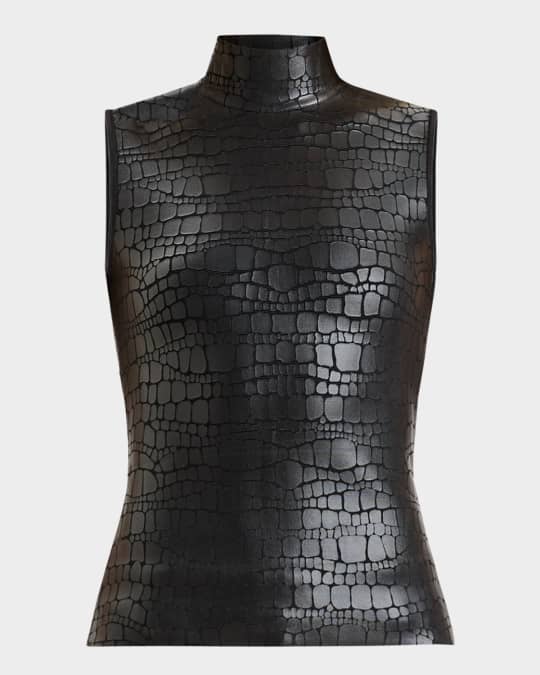 Herve Leger Clarice Mock-Neck Croc-Embossed Sleeveless Top