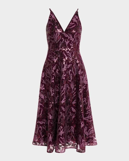 Elisa Sequin Floral Applique Midi Dress