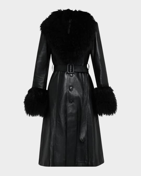 Solene Lamb Shearling Trim Belted Leather Coat