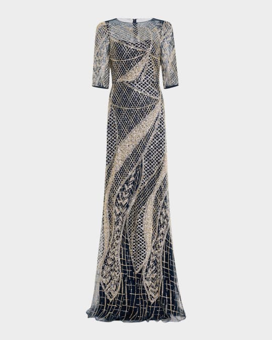 Art Deco Bead & Sequin Tulle Gown