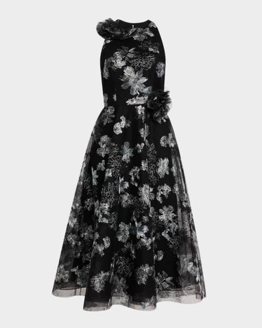 Rickie Freeman for Teri Jon Metallic Floral-Embroidered Tulle Midi Dress |  Neiman Marcus