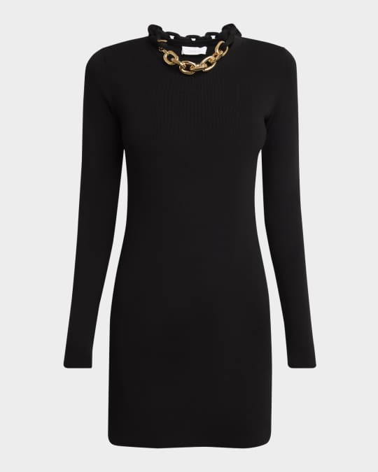 Chain-Necklace Long-Sleeve Mini Sweater Dress