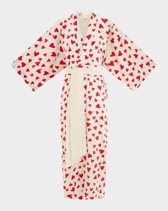 Olivia von Halle Queenie Heart-Print Silk Robe | Neiman Marcus