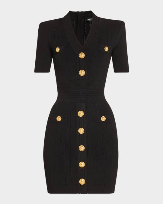 Balmain V-Neck 4 Pocket Mini Knit Dress | Neiman Marcus