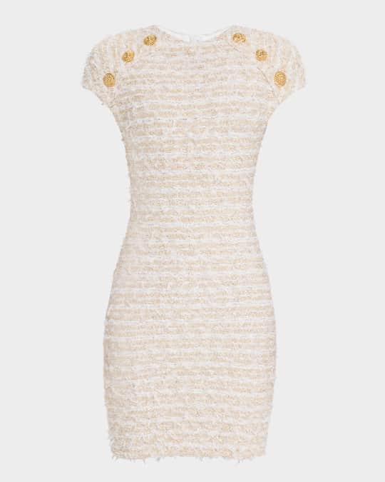 Balmain Short Sleeve Button Tweed Mini Dress | Neiman Marcus