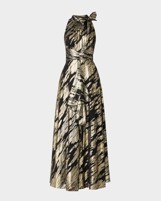 Faye Draped Metallic Jacquard Halter Gown