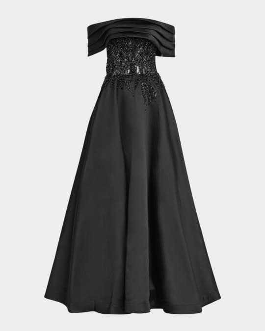 Pleated Off-Shoulder Lace-Embellished Gown