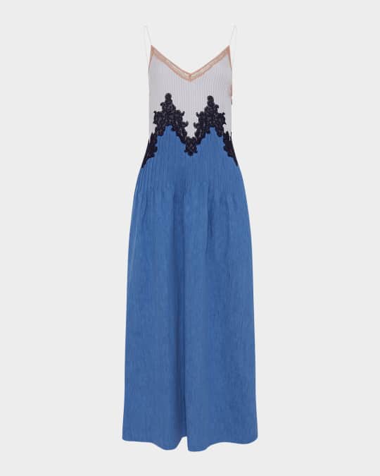 Althea Colorblock Pintucked Denim Maxi Dress