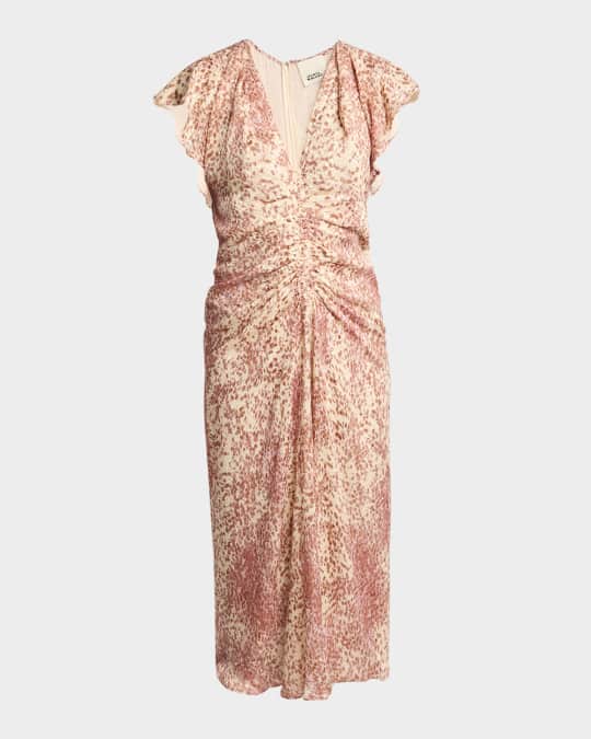 Lyndsay Spotted Velvet Burnout Flutter-Sleeve Midi Dress