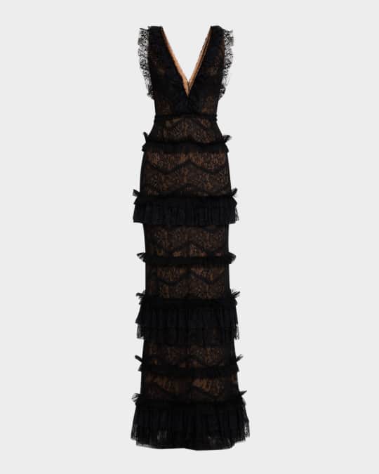 Tiered Ruffle-Trim Lace Column Gown