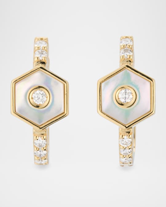 Baia Sommersa Huggie Earrings in 18K Yellow Gold with White Diamonds and Mother Of Pearl