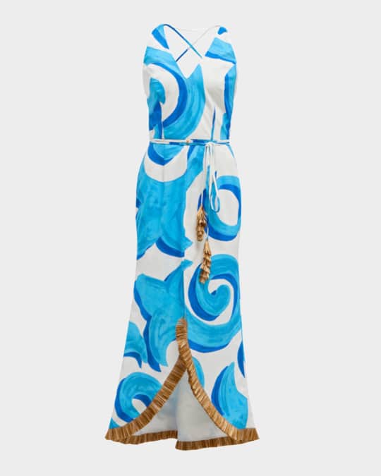 THEMIS Z Urania Fringe-Trim Cotton Halter Midi Dress | Neiman Marcus