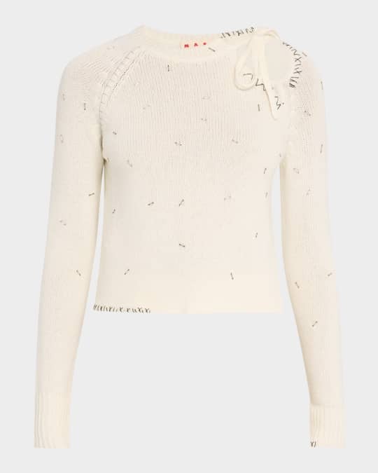 Beaded Tie Crewneck Cashmere Sweater