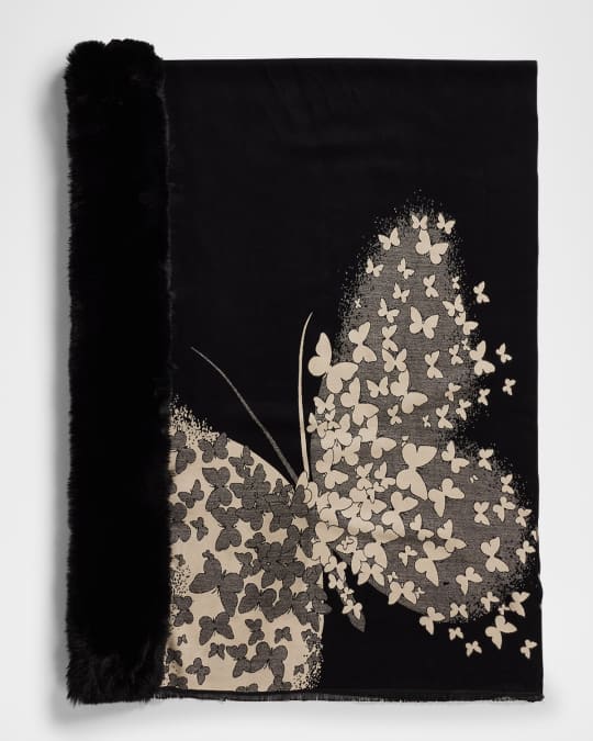 Butterfly-Print Wrap with Faux Fur Trim