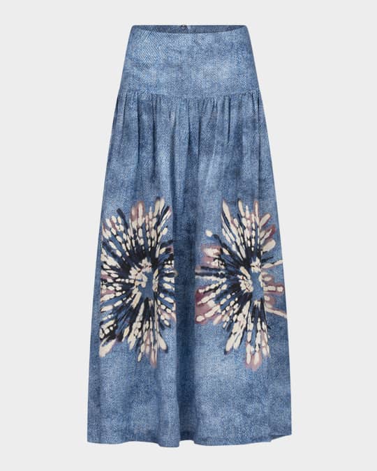 Abla Flower-Print Linen Drop-Waist Maxi Skirt