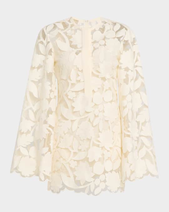 Floral Embroidered Tulle Flare-Sleeve Mini Dress