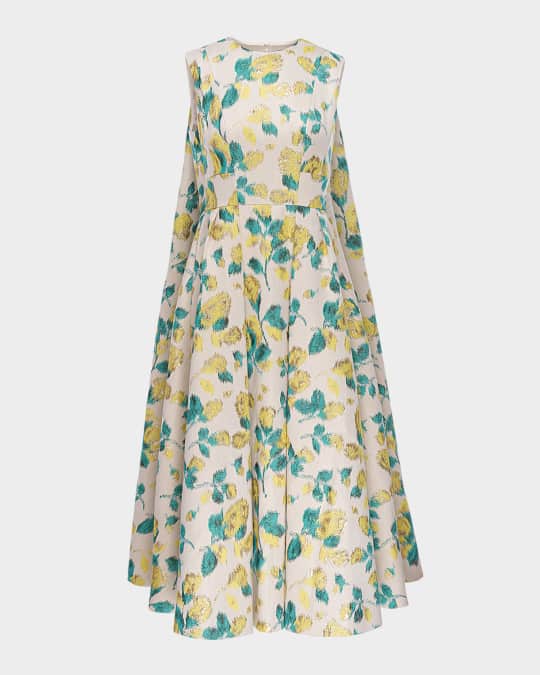 Huishan Zhang Renee Metallic Floral Jacquard Cape Midi Dress | Neiman Marcus