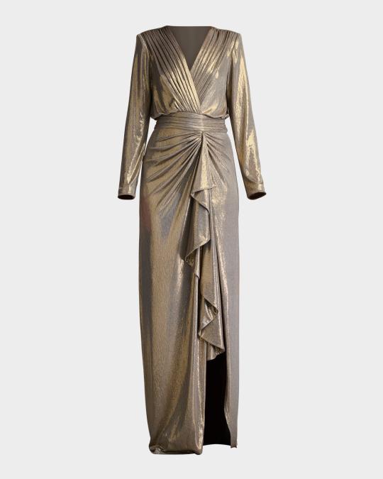 tadashi shoji jersey dress Ruched Metallic Column Gown Formal gowns