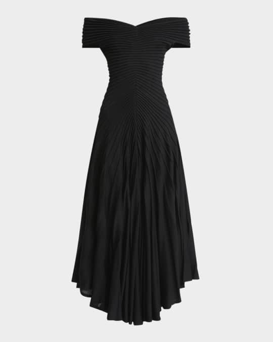 ALAIA Off-Shoulder Sculpting Line Flared Wool Maxi Dress