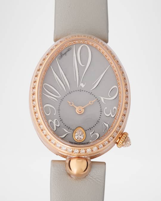 18K Rose Gold 28.5mm Reine de Naples Diamond Watch with Grey Leather Strap