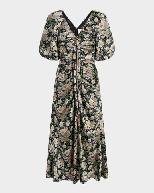 Brenton Puff-Sleeve Cosmo-Flower Midi Dress