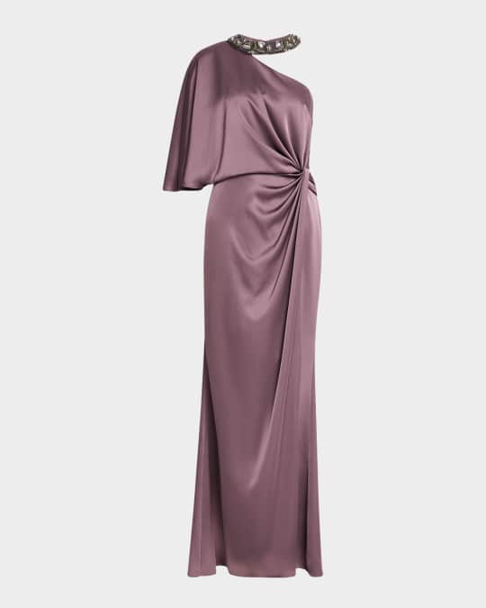 トップス aidan love Aidan Mattox One Shoulder Beaded Waistband Satin Sheath Gown