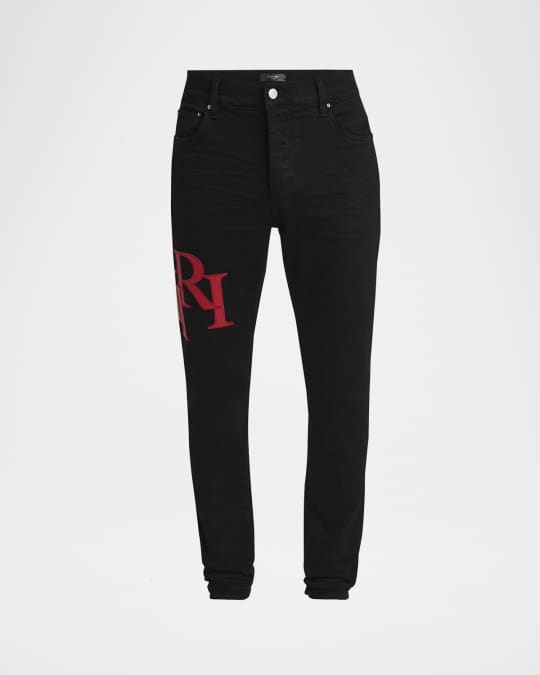 Amiri Men's Staggered Leather Logo Skinny Jeans | Neiman Marcus