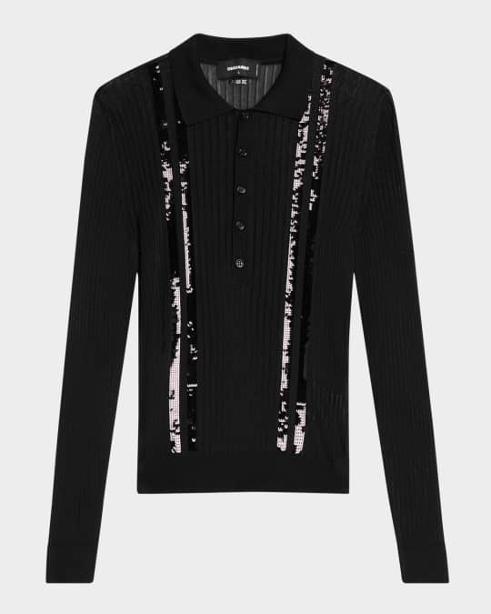 Men's Sequin-Striped Knit Polo Shirt 
