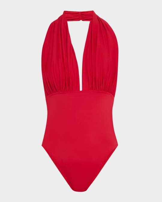 Halter Low-Back Solid One-Piece Swimsuit