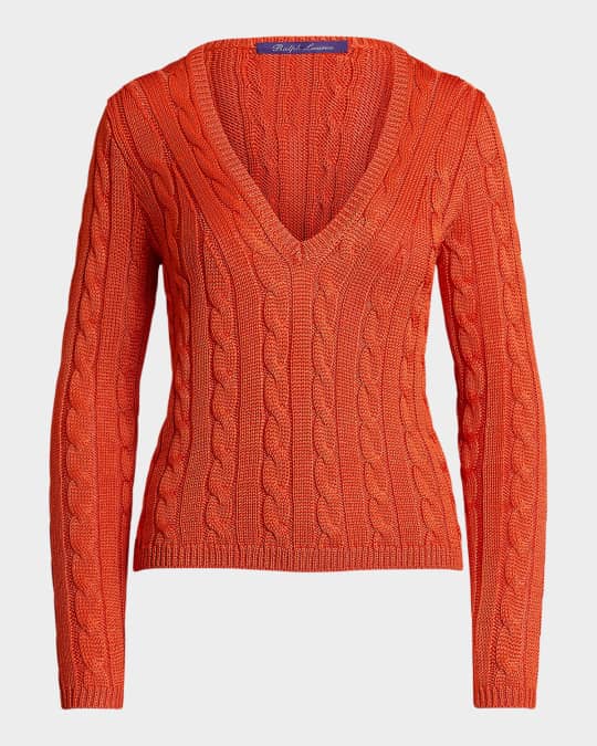 Cable-Knit Silk V-Neck Sweater